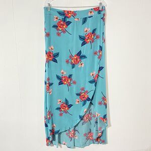 New EXPRESS Green TULIP HEM Lined L Elastic Waist FLORAL Maxi Skirt Rayon Gauze